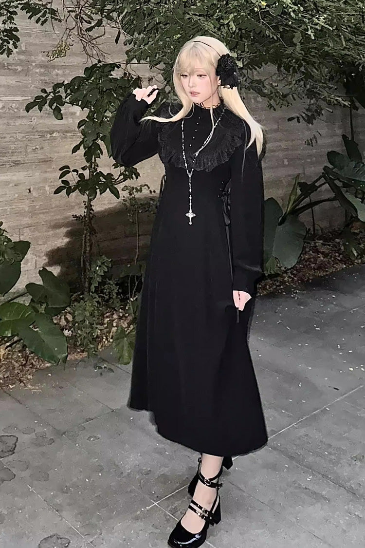 Black Lace-Up Gothic Lolita Dress with Stand Collar and Ruffled Sleeves