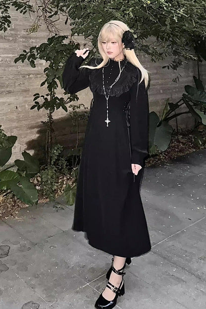 Black Lace-Up Gothic Lolita Dress with Stand Collar and Ruffled Sleeves