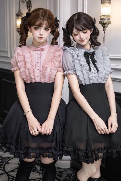 Puff-Sleeve Color-Blocked Faux Two-Piece Sweet Dress