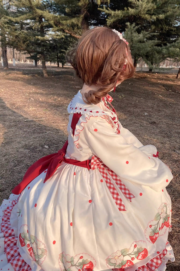 White Strawberry Printed Ruffled Bow-Trim Sweet Lolita Dress Set