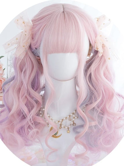 Macaroon Color Pink Purple Long Wavy Synthetic Wig With Bangs