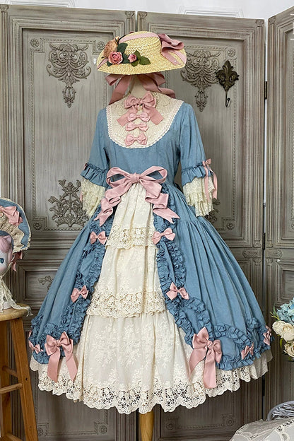 Lapel Short Trumpet Sleeve Ruffled Open Bow Lace Elegant Luxurious Lolita Dress