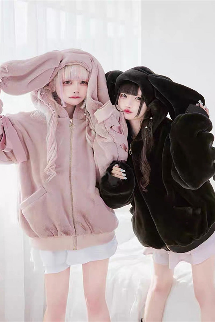 Pink Rabbit Ear Bow Lace-Up Hooded Coat