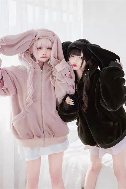 Pink Rabbit Ear Bow Lace-Up Hooded Coat
