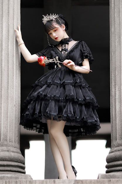 Dark Black High-Waisted Gothic Lolita Tiered Dress with Ruffled Hem