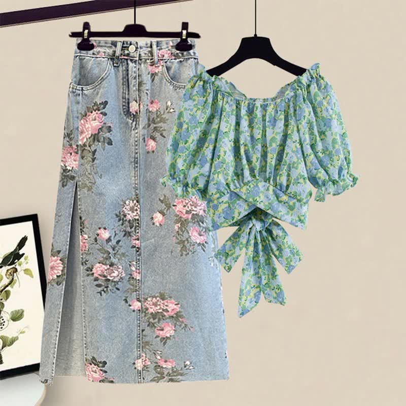 Floral Print Puff Sleeve T-Shirt Split Denim Skirt