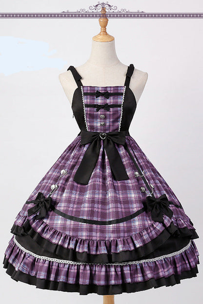 Pink/Black High-Waist Sweet Lolita JSK with Plaid Ruffles and Bow