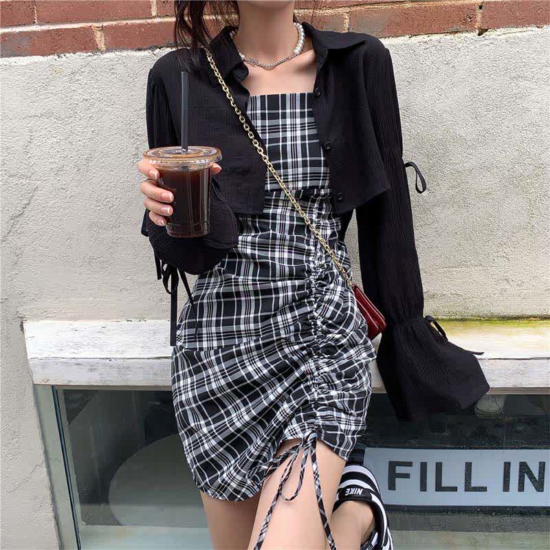 Slip Lattice Drawstring Size Plus Dress Set