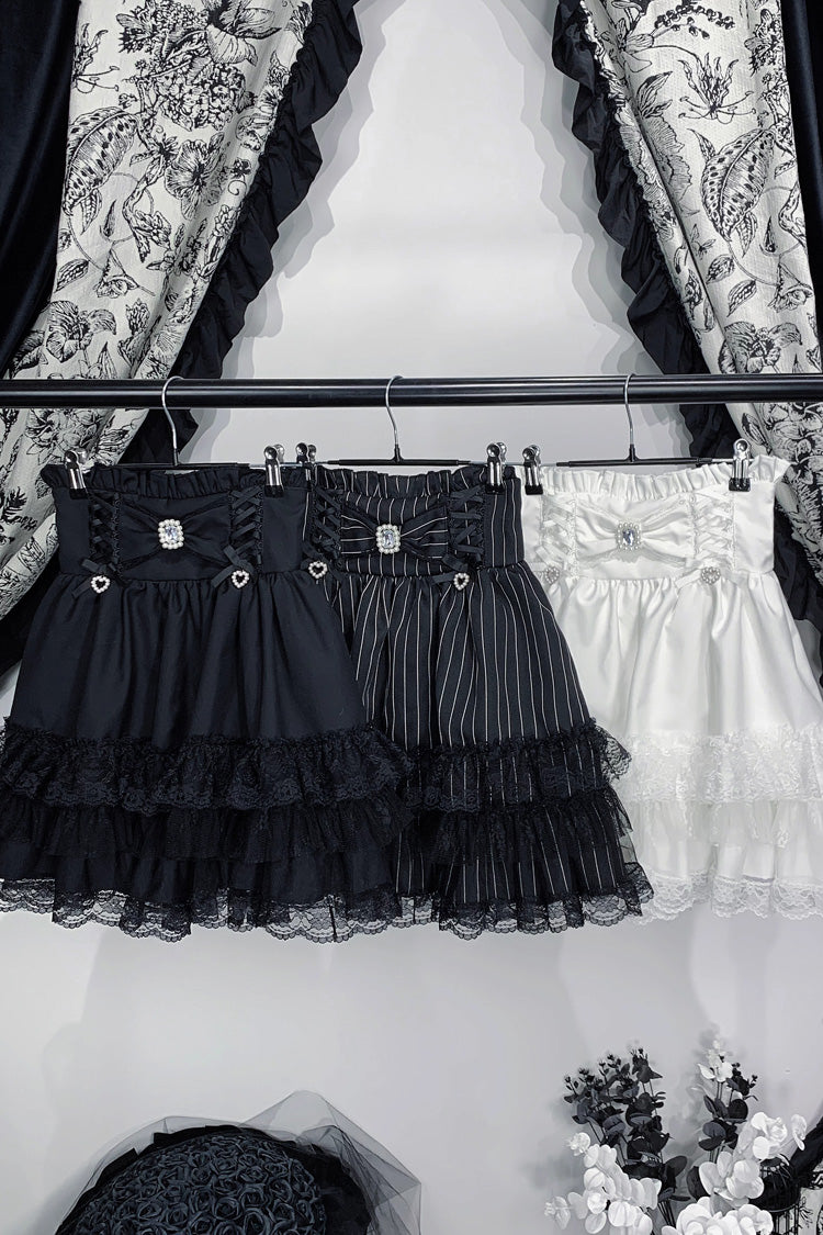Triple-Layer Printed Ruffled Bow Lace Skirt Three Colors