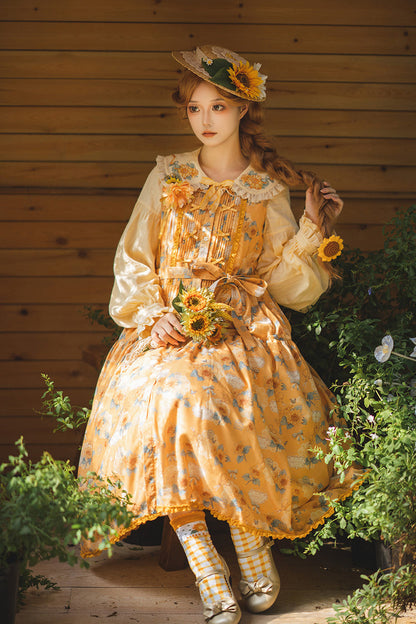 Golden Sleeveless Ruffled Bow Sunflower JSK Elegant Dress