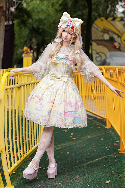 Macarons Dolly House Square Collar Sleeveless Print Bow Sweet Lolita JSK in Yellow