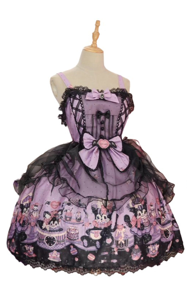 Purple Printed Gothic Lolita JSK Dress with Bowknot Lace and Ruffle