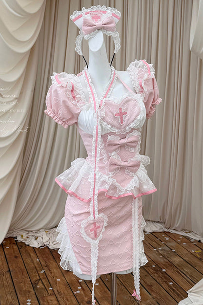 Rose Square Collar Short Sleeve Jacquard Ruffle Embroidered Bow Lace Chinese Sweet Lolita Two-Piece - Little Nurse