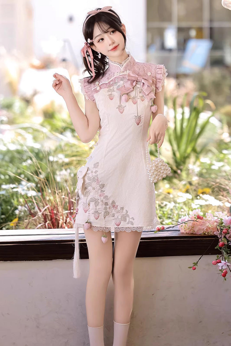 Lace Color-Blocked Chinese Style Sweet Dress - White/Pink Spring Strawberry