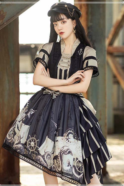 Punk Lolita Short Sleeve Dress with Pirate Boat and Retro Big Hem