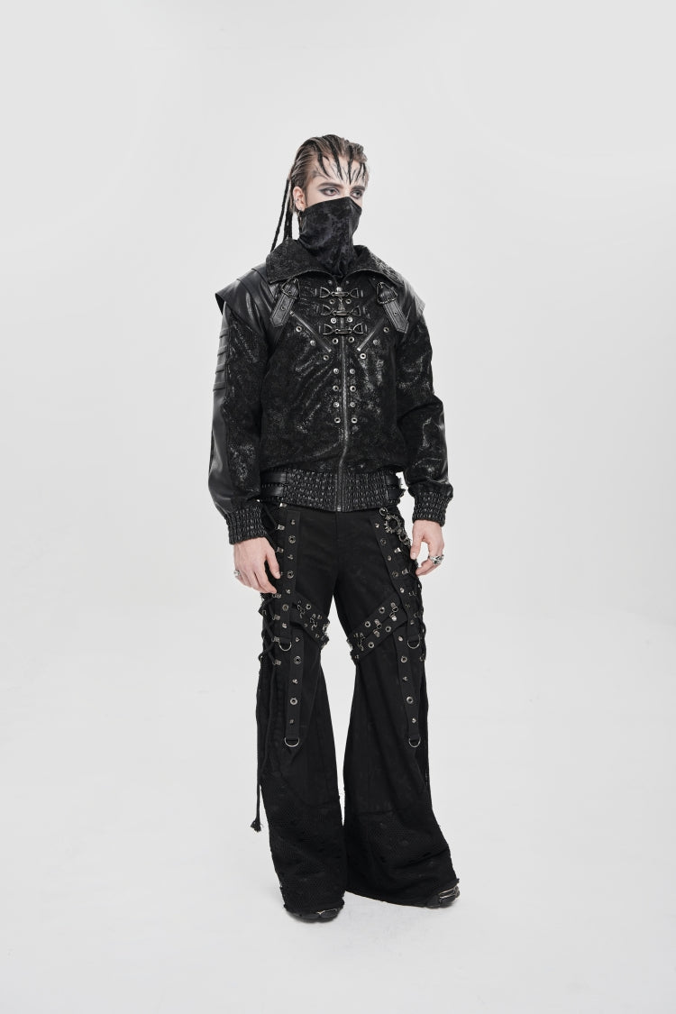 Men's Punk Coat with Buckle Zipper Straps and Stitched Black Faux Leather