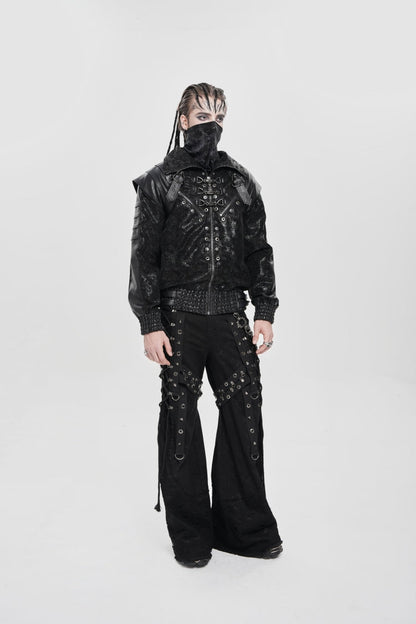 Men's Punk Coat with Buckle Zipper Straps and Stitched Black Faux Leather