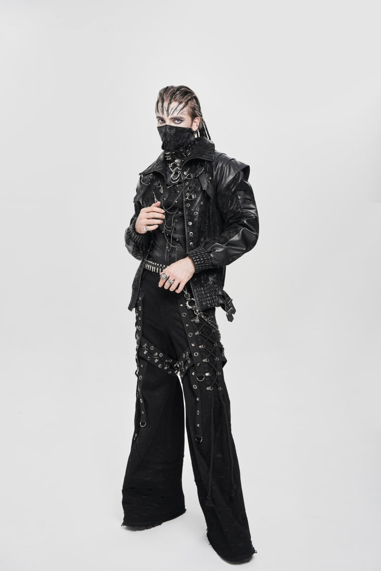 Men's Punk Coat with Buckle Zipper Straps and Stitched Black Faux Leather