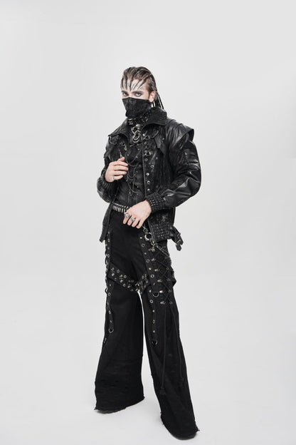 Men's Punk Coat with Buckle Zipper Straps and Stitched Black Faux Leather