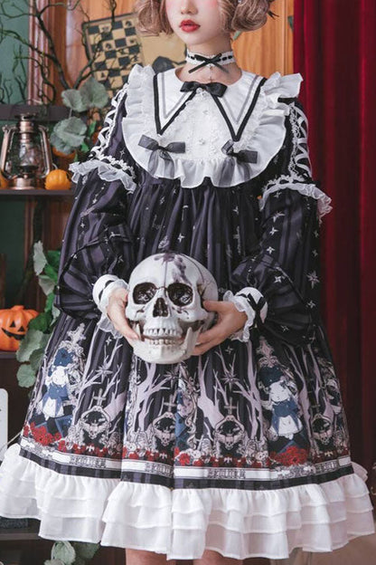 Black Gothic OP Dress Lolita College Style Round Collar Long Sleeves - Altfashion Shop