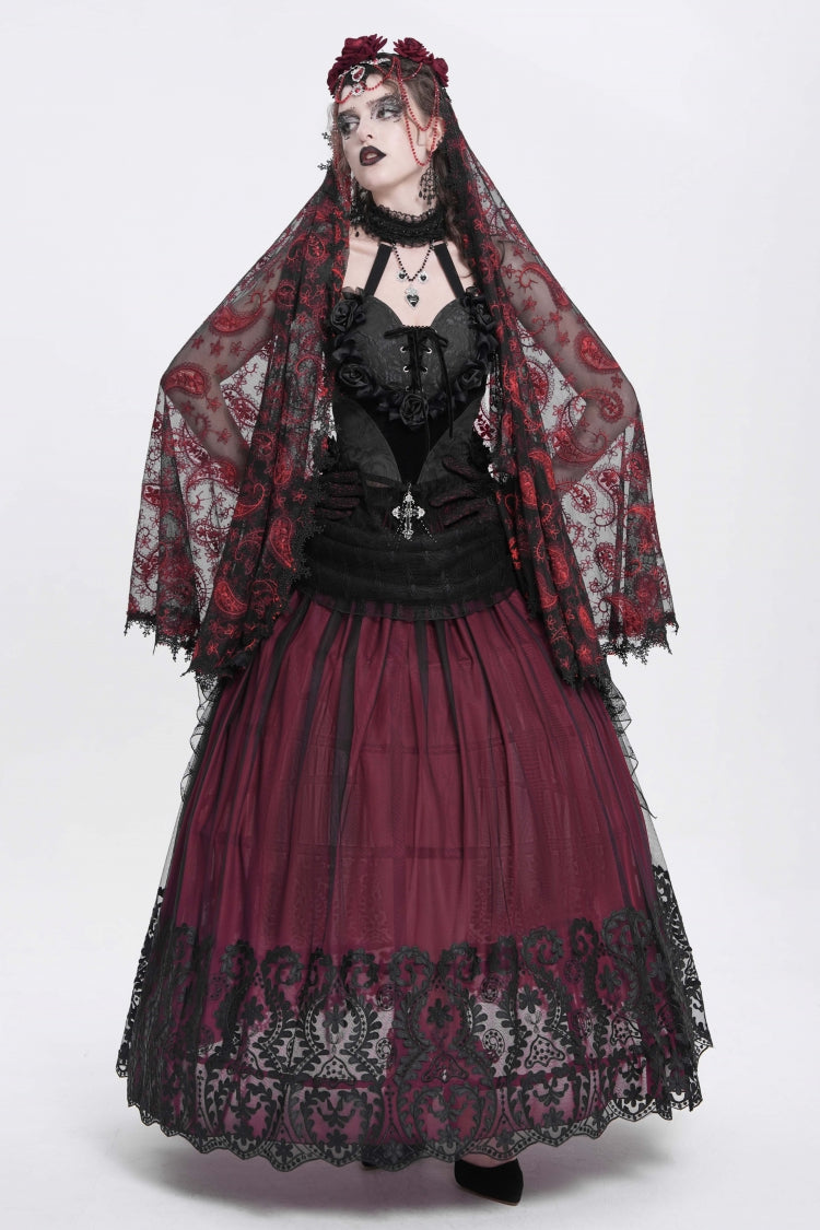 Crimson Stitched Floral Mesh Women's Goth Skirt