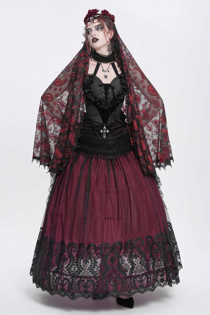Crimson Stitched Floral Mesh Women's Goth Skirt