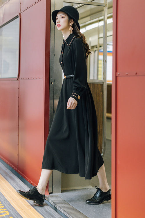 Navy Vintage Classic Lolita Dress with Lapel Collar and Long Sleeves
