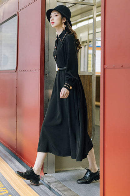 Navy Vintage Classic Lolita Dress with Lapel Collar and Long Sleeves