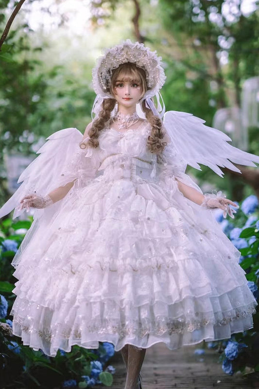 White Dreamy Waltz Sleeveless Layered Ruffle Lace Gothic JSK