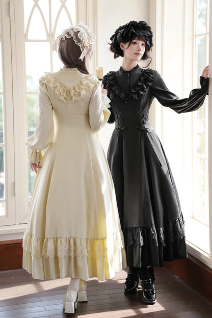 Stand Collar Gothic Dress with Long Sleeves and Lace-Up Ruffled Bow - Letters & Poems · Day and Night