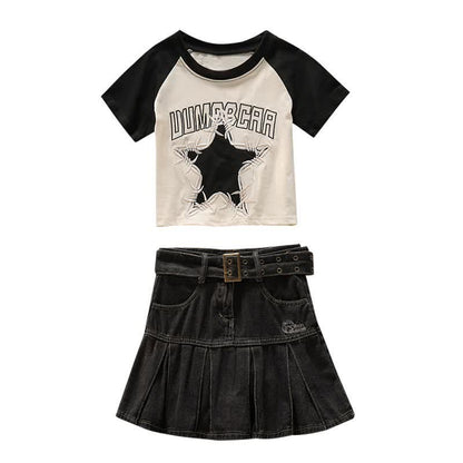 Belted T-Shirt Crop Top Letter Star Denim Skirt