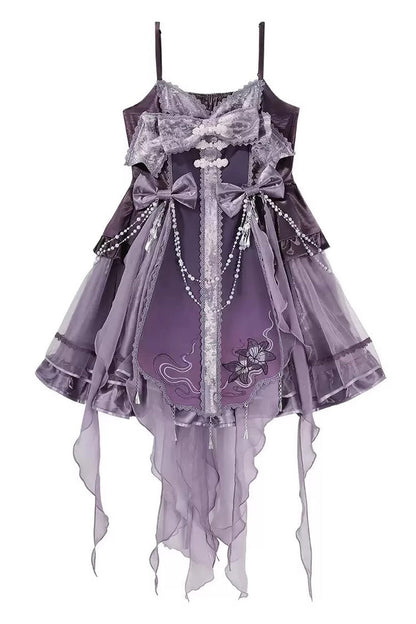Embroidered Pearl Gothic Jumper Dress Set - Purple