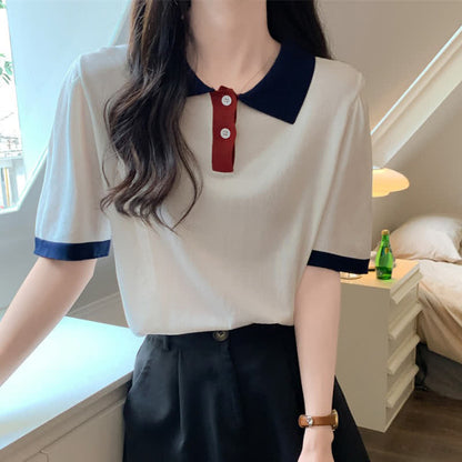 Lapel Shorts T-Shirt Colorblock Denim Belted