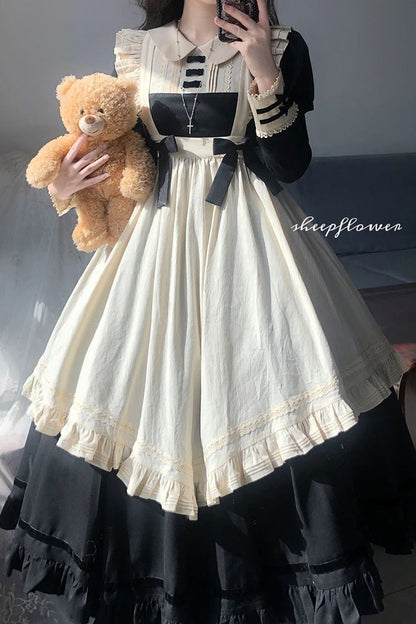 Classic Lolita Dress with Lapel Collar and Ruffle Details