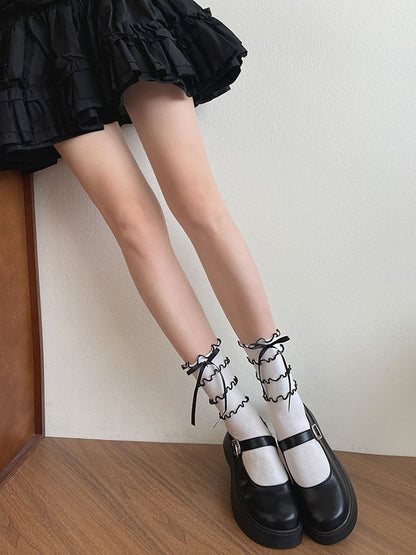 White Calf Socks With Black Bowknot Tiered Ruffle Trims