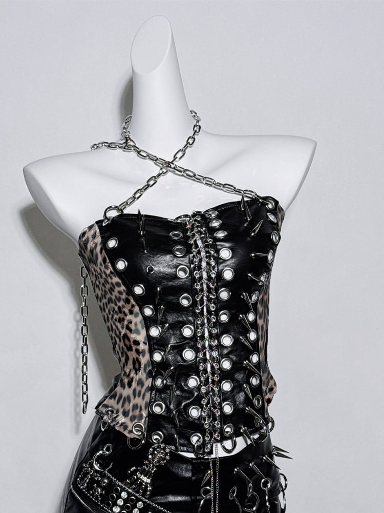 Black Leopard Stud Ring PU Corset Top