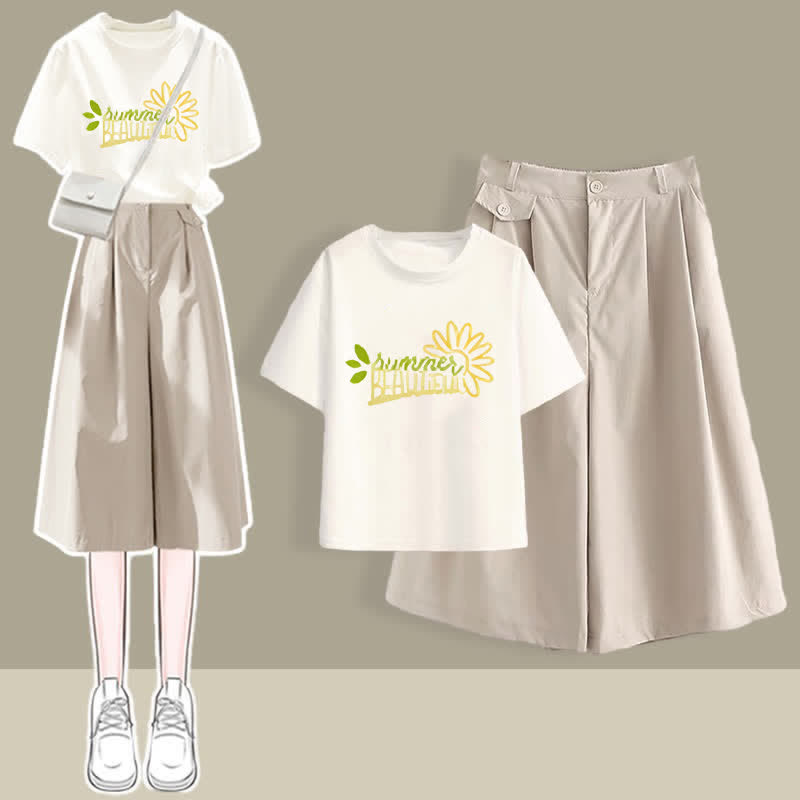 Pieces Casual Printed T-Shirt Set Collar Leg Pants Wide Chic Two Round