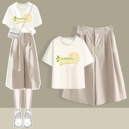 Pieces Casual Printed T-Shirt Set Collar Leg Pants Wide Chic Two Round