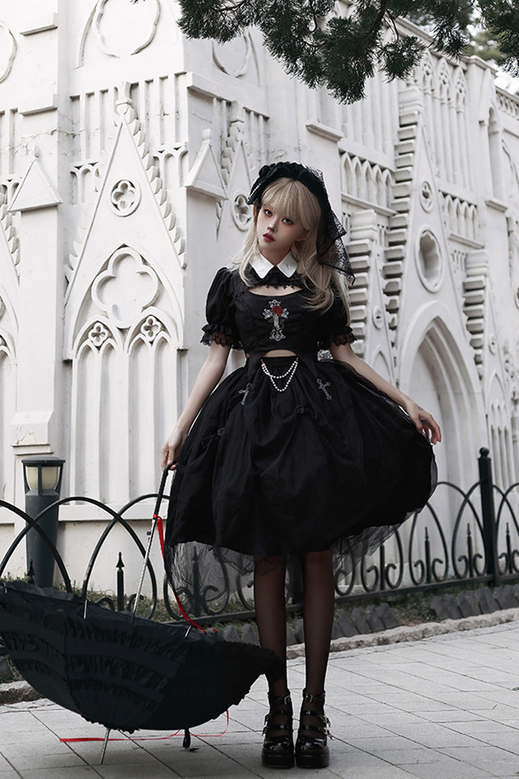 Black Rose Embroidered Gothic Lolita Dress Set with Cutout Top
