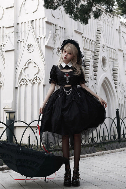 Black Rose Embroidered Gothic Lolita Dress Set with Cutout Top
