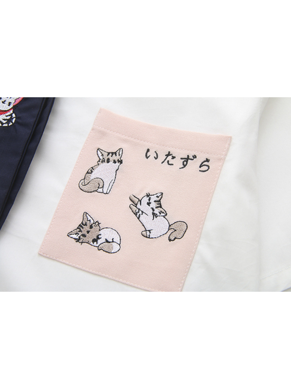 College Style T-Shirt Sweet Pocket Cat Embroidered Tie