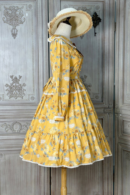 Golden Long-Sleeve Ruffled Bow Sunflower Elegant Dress