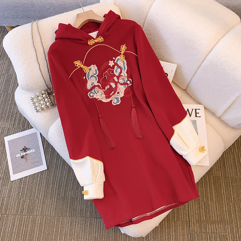 Koi Fish Fringed Buckle Hoodie Sweatshirt Dress