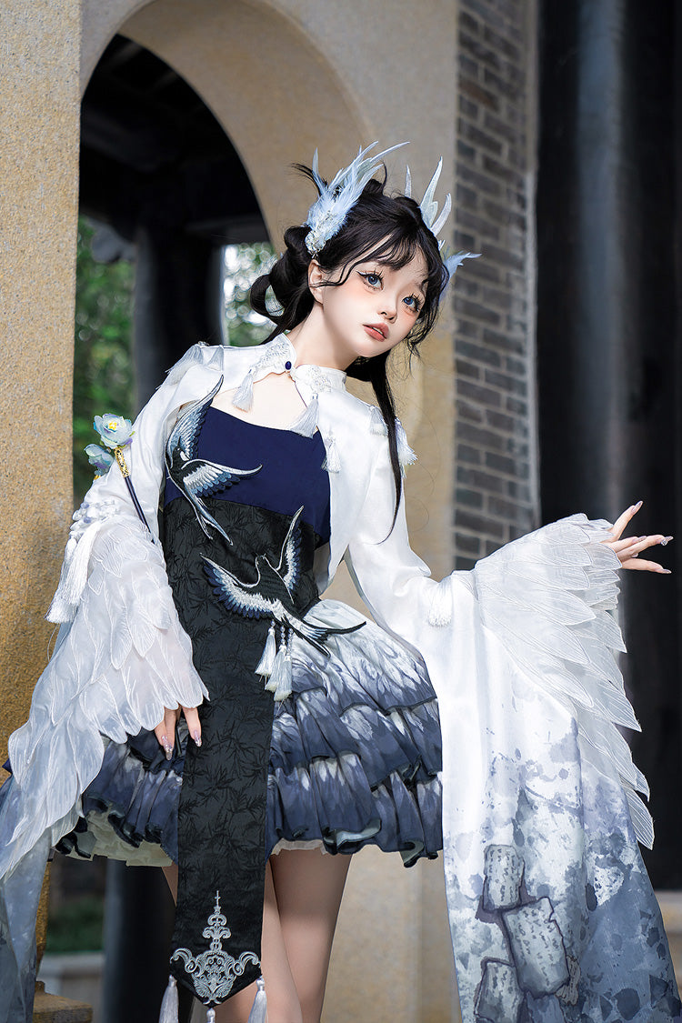 Dark Blue Feathered Finch Multi-Layer Print Ruffle Classic Chinese Style JSK Dress Set
