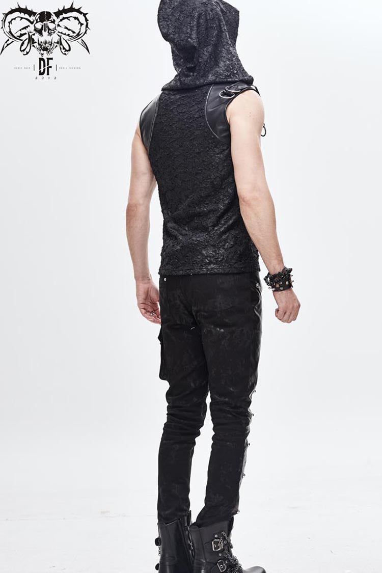 Men's Punk Knit Vest with Hood Tattered Chest Lace-Up Metal Buckle