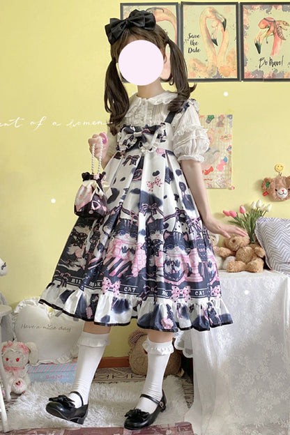 Cow Cat Print Ruffle Ribbon Sweet Lolita Jumper Dress