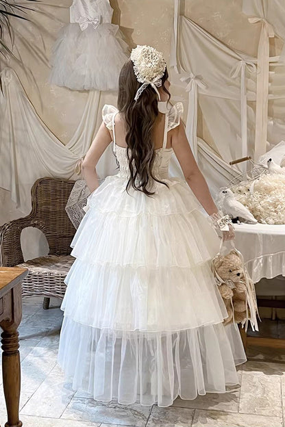 Off White Mousse Love Song Sleeveless Multi Layer Ruffle Hanayome Bow Sweet Lolita Dress