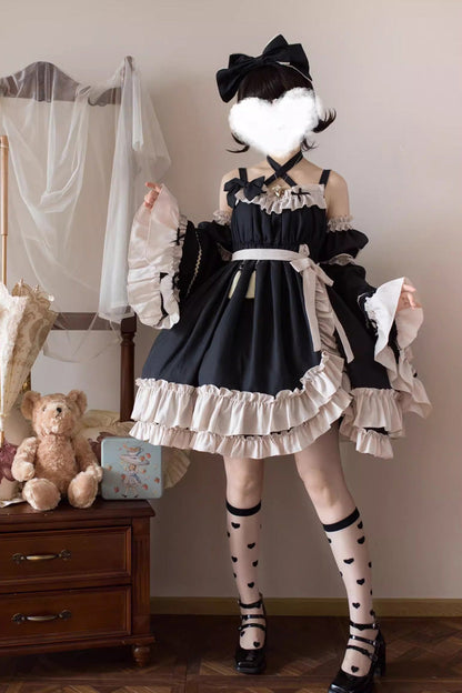 High-Waisted Asymmetric Ruffled Bowknot Gothic JSK