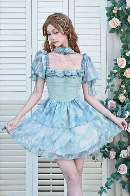 Blue Square Collar Short Puff Sleeve Multi-Layer Print Ruffle Bow Tie-Dye Sweet Princess Lolita Dress