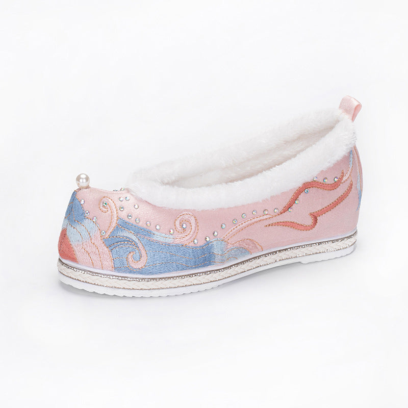 Chaussures plates à broderies ondulées et bordures pelucheuses en perles Kawaii